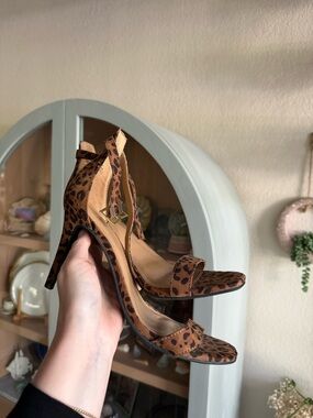 9 / Material Girl Leopard Print Ankle Strap Heels